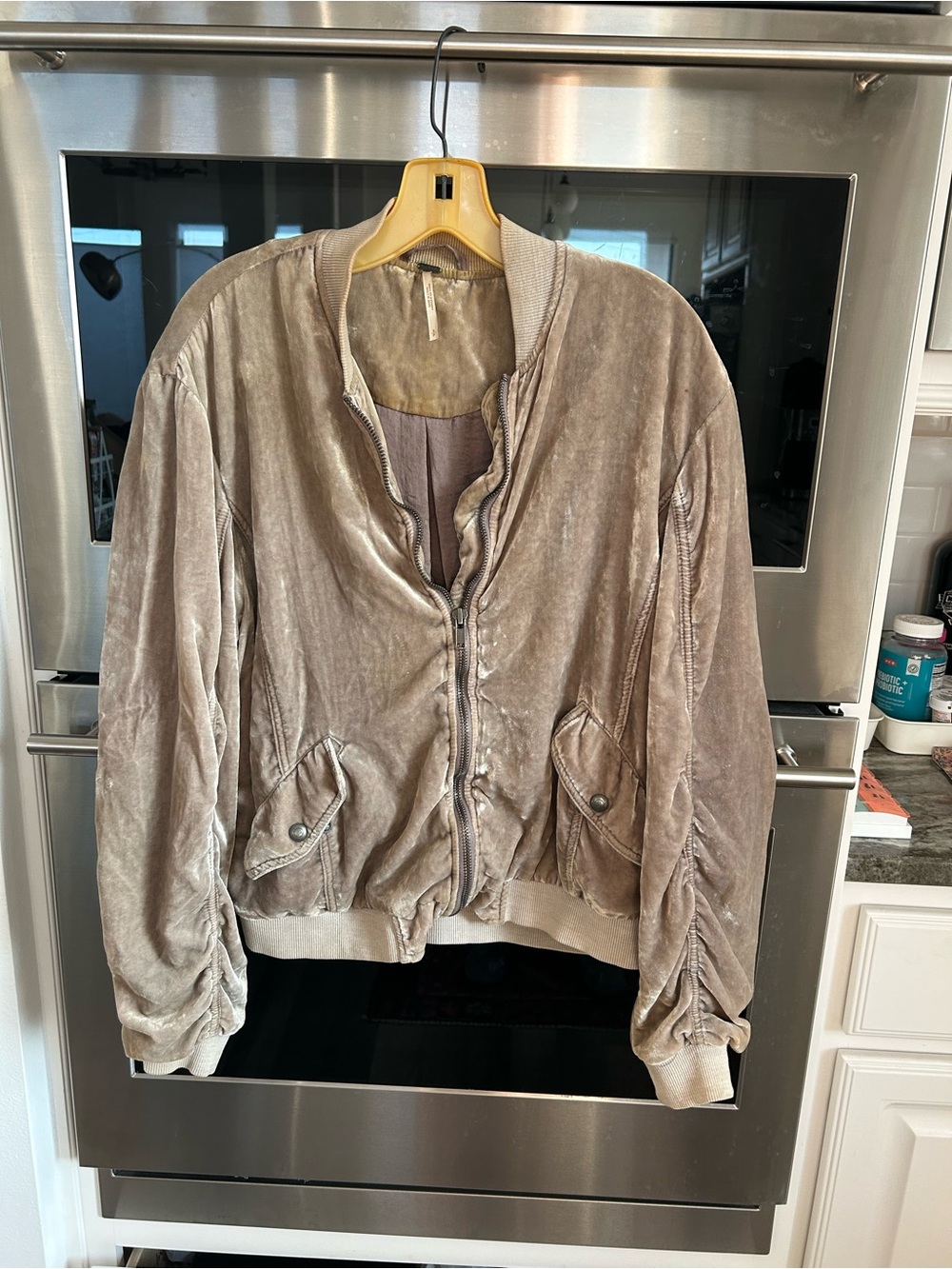 Free People ruched Velvet Bomber Jacket size S has small stain overall GUC